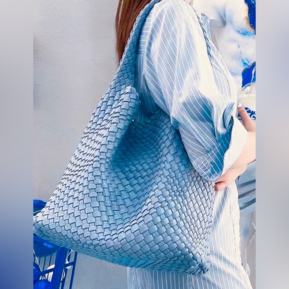 Woven Boho Tote Bag Vegan Leather Light Blue New Oversized Bag‎ purse E-NYC Hobo - Picture 1 of 6
